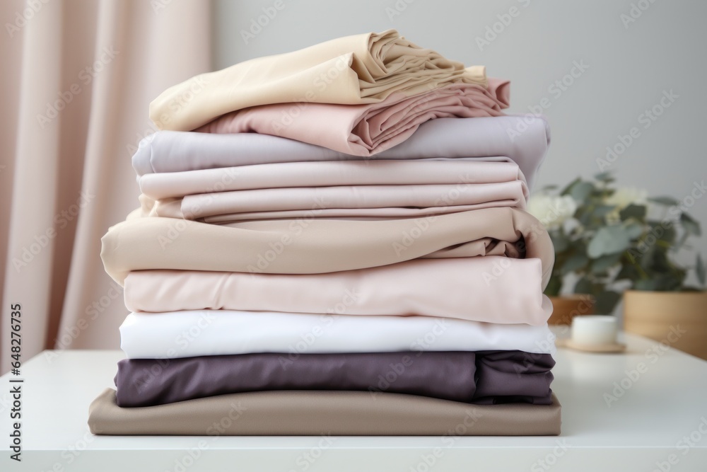 Aufkleber A stack of folded sheets sitting on top of a table. This image can be used for various purposes.