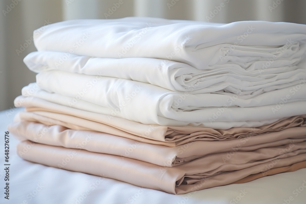 Poster a stack of folded sheets sitting on top of a bed. this versatile image can be used to showcase bedro