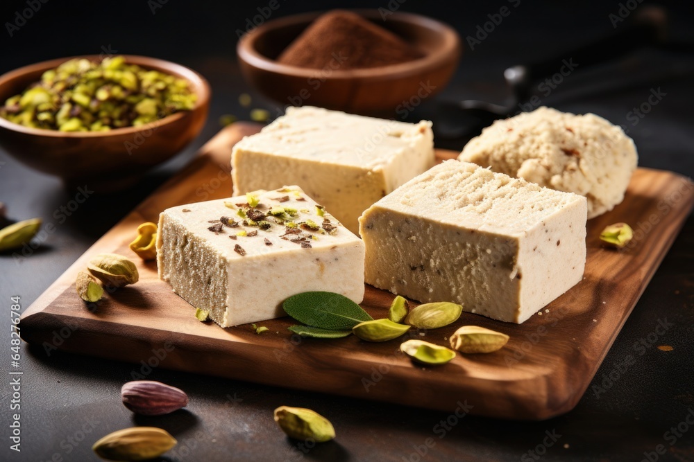 Poster a wooden cutting board with three pieces of tofu placed on top. this versatile image can be used in 