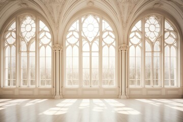 An empty room with an abundance of windows. This versatile image can be used to depict concepts such as minimalism, natural lighting, interior design, architecture, and more.