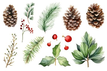 Pine cones and leaves on a white background