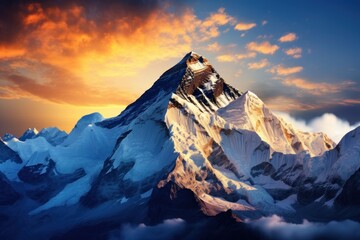 A picturesque snow covered mountain with a beautiful sunset in the background. Perfect for nature and landscape photography or travel brochures.