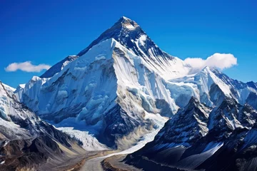 Keuken foto achterwand Mount Everest A picturesque snow covered mountain with a river running through it. Perfect for nature enthusiasts and travel websites.