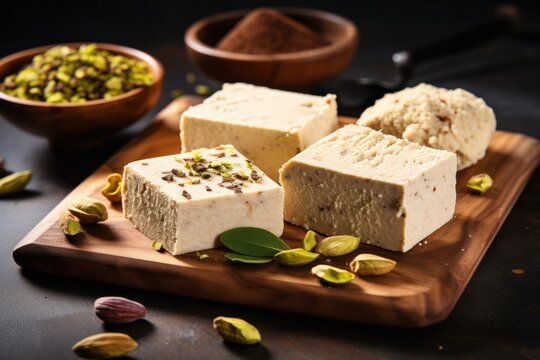 A wooden cutting board with three pieces of tofu placed on top. This versatile image can be used in various culinary, vegan, and healthy lifestyle projects.