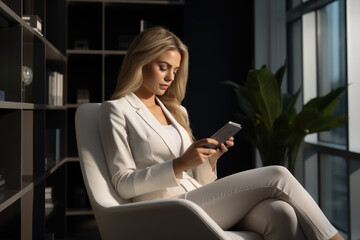 Business woman sitting in an office with a smartphone in her hand
