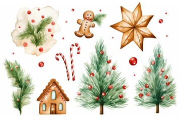 A festive watercolor illustration featuring Christmas decorations and trees