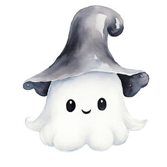 Watercolor Cute Ghost in a hat. Isolated on a white background