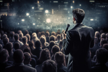 Public speaker addressing a captivated audience, conveying effective communication skills