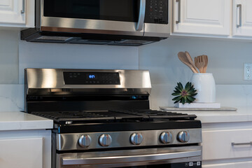 Simple kitchen details of gas stove with white ceramic jar of wood spoons and decorative plant.