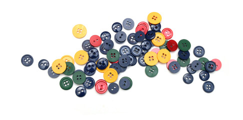 Various sewing buttons with a thread. - obrazy, fototapety, plakaty