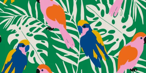 Fotobehang Exotic abstract tropical pattern with parrots. Colorful botanical abstract contemporary seamless pattern. Hand drawn unique print.  © Sviatlana
