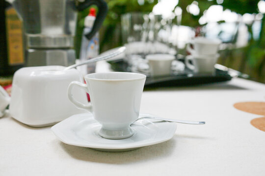 outdoor brunch table with cup of tea