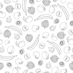 Seamless doodle pattern with fruits bananas, apples, apricot, plums and fig .