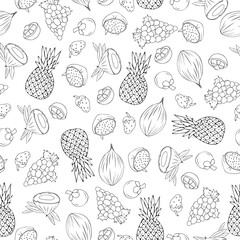 Seamless doodle pattern with fruits, strawberries, coconuts, mangosteene and grapes.