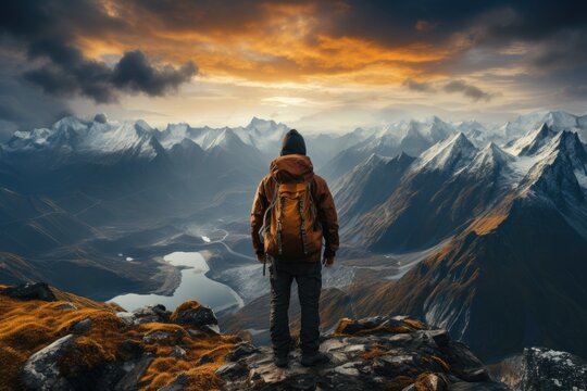 A picture of a traveler standing on a mountain peak, gazing at the beauty of nature