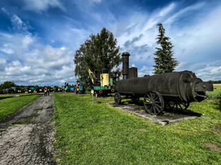 An exhibition of old steam engines on the square next to the historic silver mine in Tarnowskie...