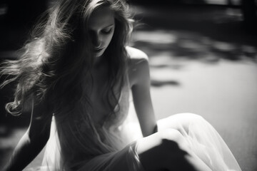 Naklejka premium Beauty, fashion, states of mind concept. Close-up surreal black and white girl portrait. Double exposure ghost style. Melancholic surreal mood. Outdoors city background. Generative AI