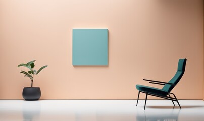 Photo of modern minimalist interior with chair and plant on pink background