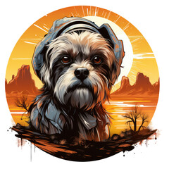A bold Shih Tzu t-shirt design, showcasing the dog as an adventurer exploring a vast, uncharted desert, its silhouette against the backdrop of a setting sun, Generative Ai