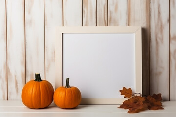 Halloween pumpkins and white frame on wooden background. Mockup