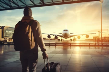 Fototapeten Traveler waiting for the flight in airport in departure terminal with plane in the background and sunshine © thejokercze