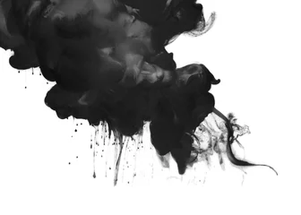 Foto op Plexiglas Black watercolor ink smoke flow drop blot on white background. © Liliia