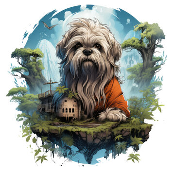 A legendary Shih Tzu t-shirt design, portraying the dog as a mythical guardian of a hidden forest realm, surrounded by ancient trees, Generative Ai