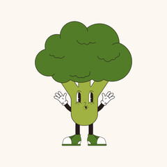 Cute character broccoli in trendy groovy retro 70s style. Vector illustration