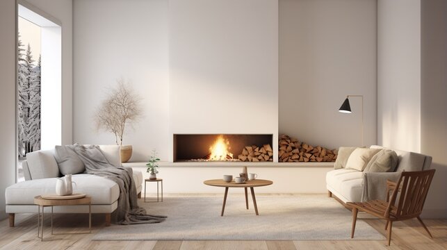 an AI image of a Scandinavian living room with white walls, a cozy fireplace, and minimalist furniture