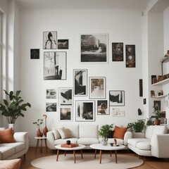 Fototapeta premium Scandinavian-inspired living room, with sleek modern furniture and warm wooden accents. The soft natural light filters in through large windows, illuminating the clean lines and minimalist design
