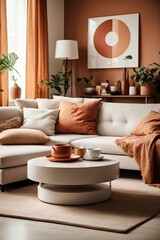 Fototapeta premium Scandinavian-inspired living room, with sleek modern furniture and warm wooden accents. The soft natural light filters in through large windows, illuminating the clean lines and minimalist design