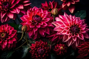 The vibrant petals of the dahlias glisten with dewdrops, their colors ranging from deep crimson to soft blush - AI Generative