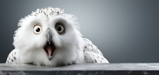 banner with a surprised astonished white polar owl on a gray background, copy space