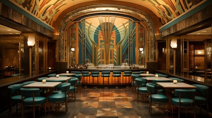 Fototapeta na wymiar an Art Deco casino restaurant with vintage decor, mosaic tile floors, and a jazz quartet