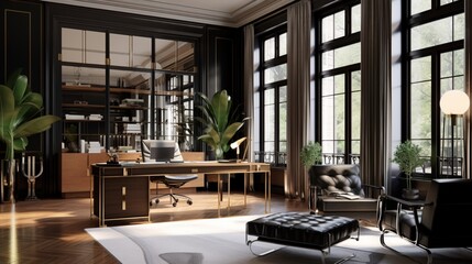 an Art Deco home office with streamlined furniture, lacquered finishes, and vintage typewriters - obrazy, fototapety, plakaty