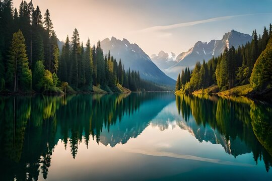 an image of a serene lake surrounded by dense, lush forests, with the reflection of the trees mirrored perfectly in the calm water