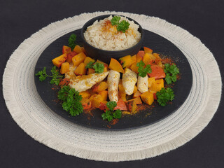 Reis mit Kürbis und Hähnchenbrustfilet