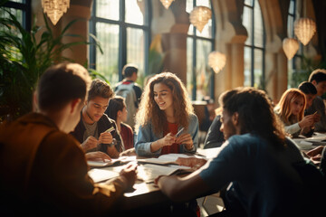 Obraz premium Diverse group of students studying together in a modern library, representing the pursuit of knowledge and education