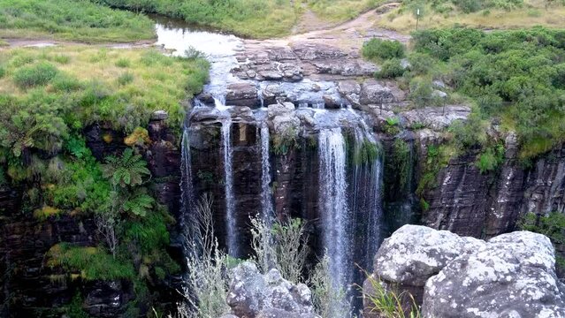 Close up view of the waterfall at pinnacle rock flowing into Ngwaritsana river below, Panorama Route, Graskop, Mpumalanga, South Africa