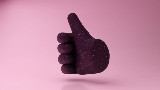 Abstract concept. Rotating emoji thumbs up sign on pink neon background. Social media. 3D animation seamless loop
