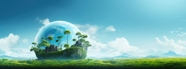 Captivating Spherical Landscape: Verdant Greenery, Towering Trees, and Majestic Mountains Encased in a Transparent Atmosphere, a Poignant Representation of Nature's Beauty and Climate Change - obrazy, fototapety, plakaty