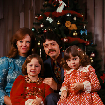 A family portrait at Christmas in the 1970s. Retro photo of the whole family in their living room. Vintage feel and color grade.