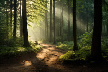 Obraz premium Forest scene with dappled sunlight filtering through the canopy