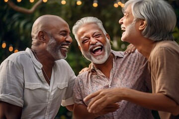 A group of multiracial, laughing, happy elderly men, standing in the summer, outdoors - obrazy, fototapety, plakaty