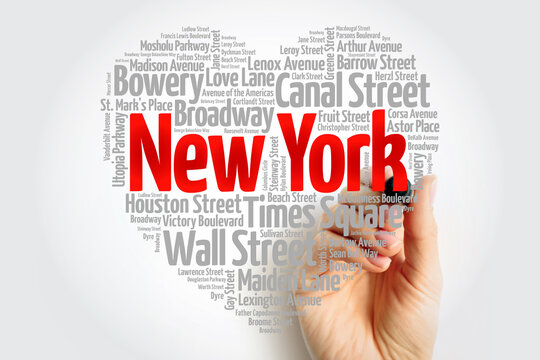 List of streets in New York City composed in love sign heart shape, word cloud collage, business and travel concept background