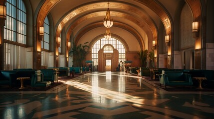 Fototapeta na wymiar an image of an Art Deco train station with grand arches, terrazzo floors, and vintage luggage