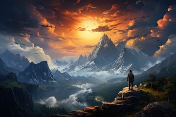 A picture of a traveler standing on a mountain peak, gazing at the beauty of nature - obrazy, fototapety, plakaty