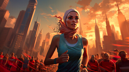 Illustration of a female marathon runner wearing a hijab participating in a race. Female marathon runner happy and respecting her beliefs running a marathon.