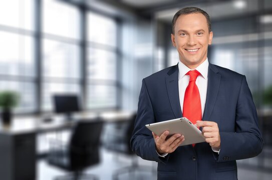Happy stylish professional businessman with digital tablet, AI generated image