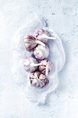 Purple garlic bulbs on rustic white background. Top view